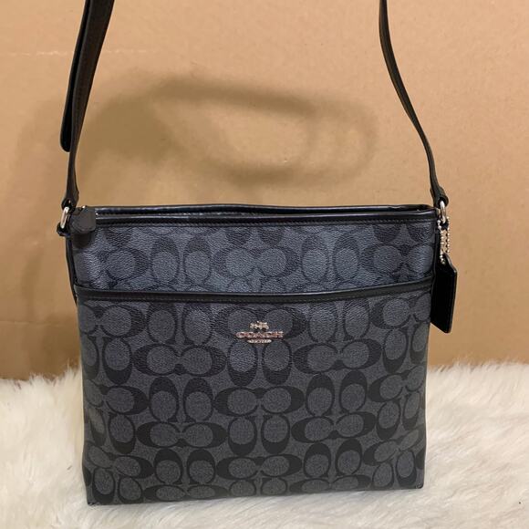 COACH Black Signature Coated Canvas PVC Logo File Messenger XBody Bag F58297 - Picture 7 of 15